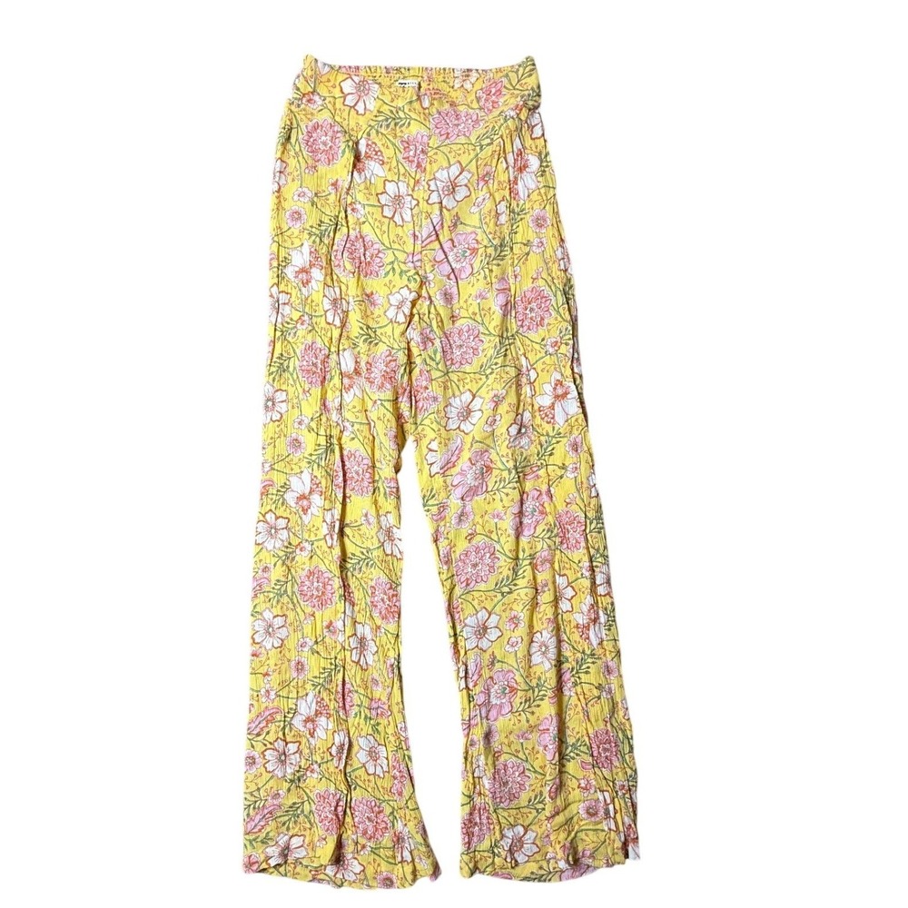 Billabong Yellow Floral Wide Leg Side Slit Smocked Waist Pants Size Medium